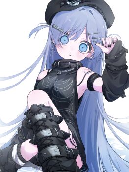 arm_strap armpits bare_shoulders beret black_boots black_dress black_gloves black_hat blue_eyes blue_hair bone_hair_ornament boots breasts buckle chain chain_necklace commentary_request dress ear_piercing gloves goth_fashion hair_between_eyes hair_ornament hat highres jewelry long_hair nail_polish necklace no_(e00_en) piercing platform_boots ring short_twintails skull_hair_ornament small_breasts surprised twintails virtual_youtuber vspo! wide-eyed yano_kuromu yano_kuromu_(1st_costume)