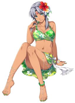 Rule 34 | 1girl, akatsuki no kiseki, anklet, bare arms, bare legs, bikini, breasts, cleavage, collarbone, dark-skinned female, dark skin, eiyuu densetsu, floral print, flower, full body, green bikini, green eyes, green nails, grey hair, hair flower, hair intakes, hair ornament, hibiscus, hibiscus print, highres, jewelry, large breasts, looking at viewer, medium breasts, nail polish, navel, navel piercing, official art, parted lips, piercing, red flower, sarong, scherazard harvey, short hair with long locks, sidelocks, simple background, sitting, solo, sora no kiseki, swimsuit, tachi-e, third-party source, toenail polish, toenails, white background