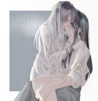 2girls black_hair black_pants earrings flower gradient_background hand_on_another&#039;s_shoulder hand_on_another&#039;s_thigh highres jewelry long_hair mouth_hold multiple_girls no_pants pants parted_lips path_to_nowhere purple_hair rahu_(path_to_nowhere) scar scar_on_arm shalom_(path_to_nowhere) shirt smile snowballes white_flower white_hair white_shirt yuri