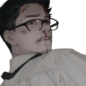 1boy black-framed_eyewear black_hair black_necktie blood blood_on_clothes blood_on_face collared_shirt crying crying_with_eyes_open cuts dead_by_daylight dwight_fairfield endless_(1482999) glasses grey_eyes injury looking_back male_focus necktie nosebleed shirt short_hair short_sideburns simple_background solo streaming_tears tears upper_body white_background white_shirt