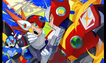 3boys android angry armor axl_(mega_man) black_armor blonde_hair blue_armor blue_eyes blue_helmet brown_hair chest_jewel commentary cross_scar english_commentary forehead_jewel grabbing_another's_chin green_eyes gun hand_on_another's_chin helmet highres holding holding_gun holding_weapon long_hair male_focus mega_man_(series) mega_man_x_(series) multiple_boys open_mouth ponytail red_armor red_helmet robot scar scar_on_face spiked_hair upper_body watermark wawadochi weapon x_(mega_man) zero_(mega_man)