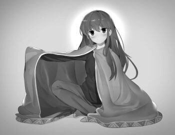 1girl absurdres barefoot breasts cloak commission full_body greyscale highres indian_style light_smile long_hair lumpychan medium_breasts monochrome original pants sitting solo