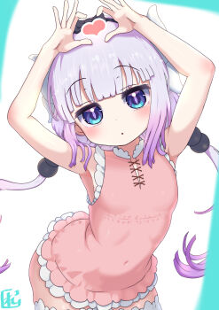 1girl :o arms_up beads blue_eyes blunt_bangs blush breasts commentary_request covered_navel cowboy_shot dragon_girl dragon_horns dress four-finger_heart_hands hair_beads hair_ornament heart heart_hands highres horns kanna_kamui kobayashi-san_chi_no_maidragon looking_at_viewer low_twintails parted_lips pink_dress purple_hair reiwa_rerere sleeveless sleeveless_dress slit_pupils small_breasts solo standing twintails