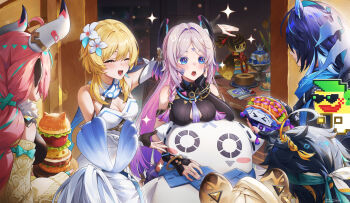 Rule 34 | 2boys, 5girls, absurdres, ajaw (genshin impact), bare shoulders, birthday, black gloves, blonde hair, blue eyes, blue hair, blush, breasts, burger, chinese commentary, citlali (genshin impact), cleavage, closed eyes, commentary request, cow girl, cow horns, detached sleeves, dress, facial mark, flower, food, genshin impact, gloves, hair flower, hair ornament, highres, horns, kachina (genshin impact), kinich (genshin impact), large breasts, long hair, long sleeves, lumine (genshin impact), mualani (genshin impact), multicolored hair, multiple boys, multiple girls, open mouth, ororon (genshin impact), partially fingerless gloves, pink hair, pink pupils, short hair with long locks, smile, swkl:d, tamoto (genshin impact), teeth, triangle, triangle facial mark, varesa (genshin impact), white dress