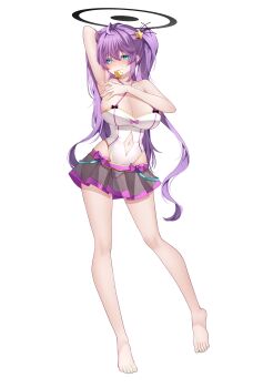1girl absurdres arm_up armpits arms_behind_head bare_arms bare_legs bare_shoulders barefoot black_skirt blue_eyes breasts buyange cleavage closed_mouth clothing_cutout collarbone criss-cross_halter feet full_body gold_trim hair_ornament halo halterneck highleg highleg_leotard highres large_breasts leotard long_hair looking_at_viewer miniskirt mouth_hold nail_polish navel navel_cutout original pleated_skirt purple_hair see-through_clothes see-through_skirt simple_background skirt smile solo spaghetti_strap star_(symbol) star_hair_ornament thighs toenail_polish toenails very_long_hair white_background white_leotard yellow_nails
