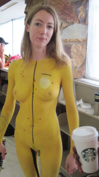 Rule 34 | 1girl, absurdres, beatrix kiddo, beatrix kiddo (cosplay), blonde hair, blood, bodypaint, breasts, bruce lee's jumpsuit, character request, cosplay, highres, kill bill, looking at viewer, nude, painted clothes, photo (medium), real life, sword, thigh gap, uncensored, warrior, weapon