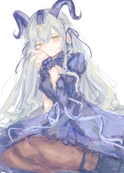 1girl absurdres arknights bang_dream! bang_dream!_it&#039;s_mygo!!!!! black_pantyhose blue_dress blue_hair commentary dress hair_ribbon highres horns latte_bf long_hair long_sleeves pantyhose ribbon sidelocks simple_background solo togawa_sakiko togawa_sakiko_(master_of_melodia) white_background yellow_eyes