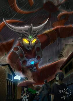 1girl 1other 3boys alien black_shirt briefcase building chest_jewel eating floating flying food food_in_mouth gate gem_on_head giant giant_monster glowing glowing_eyes glowing_gem harumakoto47 highres horns house jellyfish kaijin kaiju leaf levitation monster multiple_boys night no_pupils overcast popsicle popsicle_in_mouth rain school_uniform seijin shirt silverbloome sky storm superhero_costume tentacles tree tsuburaya_productions ultra_series ultraman_leo ultraman_leo_(series) umbrella variant_set white_shirt wind yellow_eyes