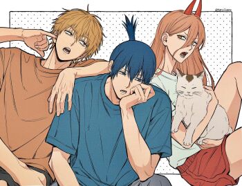 1girl 2boys arm_on_another&#039;s_shoulder barefoot black_hair blonde_hair blue_eyes blue_hair blue_shirt border brown_hair cat chainsaw_man commentary cross-shaped_pupils demon_horns denji_(chainsaw_man) ear_picking earrings grey_pants hayakawa_aki highres horns jewelry kuroiisana long_hair looking_at_another lower_teeth_only multiple_boys open_mouth orange_shirt outside_border pants polka_dot polka_dot_background power_(chainsaw_man) red_horns red_shorts sharp_teeth shirt short_hair short_shorts shorts symbol-shaped_pupils teeth topknot twitter_username white_border white_shirt