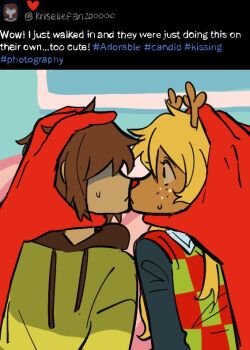 1girl 1other animal_ears antlers blonde_hair brown_fur brown_hair brown_hood checkered_clothes checkered_sweater_vest checkered_vest couch deer_antlers deer_ears deer_girl deer_tail deltarune drawstring fake_screenshot forced_kiss freckles furry furry_female goomyloid green_hoodie head_grab hood hoodie horns kiss kris_(deltarune) long_hair medium_hair noelle_holiday profile red_nose reindeer_girl soul_(deltarune) sweatdrop tail two-tone_sweater_vest utdr_(toby_fox) vessel_(deltarune) vest weird_route_(deltarune)