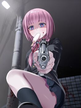 1girl absurdres beretta_92 blood blood_splatter blue_eyes braid eating food food_in_mouth gun handgun highres holding holding_gun holding_weapon hood hood_down ice_cream jacket kaf_(kamitsubaki_studio) kamitsubaki_studio kizakura_art long_hair long_sleeves looking_at_viewer multicolored_eyes outdoors pink_hair pointing pointing_at_viewer popsicle popsicle_in_mouth solo twin_braids virtual_youtuber weapon yellow_pupils