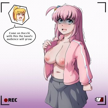 2girls arm_at_side bags_under_eyes blue_eyes bocchi_the_rock! breasts collarbone cowboy_shot english_text eyelashes female_focus gotoh_hitori gradient_background grey_skirt hand_up ijichi_nijika jacket konan_exe large_breasts long_hair long_sleeves looking_at_viewer multiple_girls navel nipples open_clothes open_jacket pink_hair pink_jacket purple_background recording shaded_face simple_background skirt solo_focus speech_bubble track_jacket two-tone_background white_background