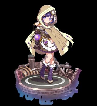 1girl :o apron belt black_background blush boots brown_belt brown_cloak cloak collar dorothy_(merc_storia) double_bun dress full_body hair_bun highres holding holding_lantern hood hooded_cloak knee_boots lantern merc_storia merc_storia_art_team official_art purple_boots purple_eyes purple_hair short_dress simple_background single_sidelock solo standing tachi-e underbust waist_apron white_apron white_collar white_dress