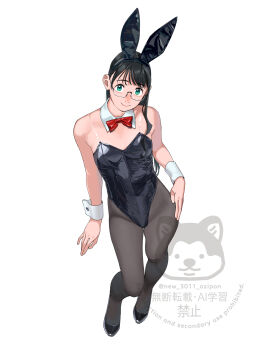 1girl absurdres animal_ear_hairband animal_ears artist_logo black_hair black_leotard black_pantyhose bow bowtie breasts detached_collar fake_animal_ears full_body hairband highres kantai_collection leotard logo long_hair ojipon ooyodo_(kancolle) pantyhose playboy_bunny rabbit_ears red_bow red_bowtie red_eyes see-through_strap simple_background small_breasts smile solo standing strapless strapless_leotard watermark white_background wrist_cuffs