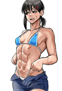 1girl abs absurdres bikini black_eyes black_hair breasts chainsaw_man commentary cowboy_shot denim denim_shorts english_commentary higashiyama_kobeni highres leanbeefpatty mole mole_under_eye mole_under_mouth muscular muscular_female open_mouth ponytail reference shorts small_breasts solo spageta sweatdrop swimsuit teeth toned toned_female toned_stomach tongue