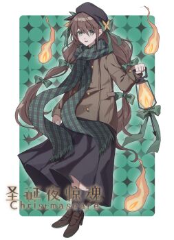 Rule 34 | 1girl, ailinzi, beret, black skirt, bow, brown coat, brown hair, brown jacket, brown scarf, chinese commentary, chinese text, coat, commentary request, english text, fire, full body, green background, green bow, green eyes, green scarf, hair between eyes, hair bow, hat, highres, holding, holding lantern, jacket, lantern, long hair, long sleeves, looking at viewer, mixed-language text, original, plaid clothes, plaid scarf, ribbon, scarf, shoes, skirt, smile, socks, solo, twintails, unmoving pattern, very long hair, yellow eyes