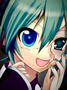 1girl 2000s_(style) blue_eyes cracked_kawaii_mask cracked_mask green_eyes green_hair green_nails hair_between_eyes hatsune_miku heterochromia highres long_sleeves looking_at_viewer mask nail_polish naivefatei_(nemui) open_mouth portrait sleeves_past_wrists solo vocaloid