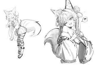 1girl :d absurdres cone_hair_bun convenient_censoring cropped_torso double_bun fang fox_girl fox_tail full_body furisode_sleeves greyscale hair_bun hair_intakes hair_ornament hair_rings hand_up hands_up hashtag-only_commentary heart highres kosode looking_at_viewer miniskirt mirrorapo_yemp monochrome multiple_views navel open_mouth own_hands_together parted_bangs pleated_skirt pom_pom_(clothes) pom_pom_hair_ornament raised_inner_eyebrows shirt short_sleeves sketch skirt smile speech_bubble spoken_heart steepled_fingers stellive striped_clothes striped_thighhighs tail tenko_shibuki thighhighs undressing virtual_youtuber