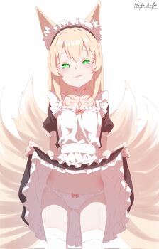 animal_ears apron blonde_hair blush chest_tattoo fox_ears green_eyes grin highres kitsune kyuubi maid maid_apron mon-musu_quest! mon-musu_quest:_paradox multiple_tails panties red_ribbon ribbon sent99 smile smug tail tamamo_(mon-musu_quest!) tattoo underwear white_panties