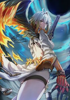 1girl ahoge back blonde_hair bra commentary cropped_jacket feathered_wings from_behind galbrena_(wuthering_waves) gradient_hair gun hair_intakes hand_up highres holding holding_gun holding_weapon jacket kouno_(uiyoyo199) looking_at_viewer looking_back median_furrow multicolored_hair official_alternate_color parted_lips shell_casing shorts signature single_wing solo symbol-only_commentary tacet_mark_(wuthering_waves) underwear very_long_fingernails weapon white_bra white_jacket white_shorts wings wuthering_waves yellow_eyes