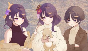1boy 2girls :< alternate_costume animal black_hair blunt_bangs blunt_ends bright_pupils brown_coat brown_jacket brown_nails brown_sleeves casual choppy_bangs coat collarbone contemporary crossed_arms dog eyelashes family fan_hair_ornament fingernails flower genshin_impact hair_flower hair_intakes hair_ornament hand_on_another's_shoulder hashtag-only_commentary highres holding holding_animal jacket lapels lisyulisyu0 long_hair long_single_sidelock long_sleeves looking_at_animal makoto_(genshin_impact) mole mole_under_eye multiple_girls off_shoulder open_clothes open_coat open_mouth pink_lips purple_eyes purple_flower purple_hair purple_pupils raiden_shogun raised_eyebrow red_flower scaramouche_(genshin_impact) shirt siblings single_sidelock sleeveless sleeveless_shirt smile sweater swept_bangs tassel tassel_hair_ornament tsurime turtleneck turtleneck_shirt twins white_pupils white_sleeves white_sweater wisteria