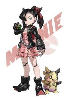 1girl :d asymmetrical_bangs black_choker black_footwear black_hair black_jacket blush character_name choker dress earrings gen_8_pokemon hair_ribbon hand_up highres holding holding_poke_ball jacket jewelry joints long_sleeves looking_at_viewer lordyanyu marnie_(pokemon) mechanization medium_hair morpeko nintendo open_clothes open_mouth pink_dress poke_ball pokemon pokemon_(creature) pokemon_swsh red_ribbon ribbon robot_joints shoes smile standing teeth twintails upper_teeth_only