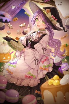 1girl :d absurdres apron black_dress black_hat blush bow brooch candy chaki_aiha commentary cupcake dress english_commentary food frilled_apron frills gingerbread_man green_eyes hair_between_eyes halloween hat hat_bow highres jack-o&#039;-lantern jewelry long_hair long_sleeves looking_at_viewer macaron mixed-language_commentary open_mouth original oven_mitts purple_hair smile solo white_apron wide_sleeves witch_hat wrapped_candy yellow_bow