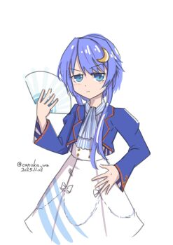 Rule 34 | 1girl, akikawa yayoi (umamusume), akikawa yayoi (umamusume) (cosplay), blue eyes, canoka, cosplay, cowboy shot, crescent, crescent hair ornament, dated, folding fan, hair ornament, hand fan, hand on own hip, highres, holding, holding fan, jacket, jitome, kantai collection, long sleeves, looking at viewer, name connection, one-hour drawing challenge, purple hair, purple jacket, shirt, short hair with long locks, simple background, skirt, solo, twitter username, umamusume, white shirt, white skirt, yayoi (kancolle)