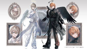 Rule 34 | 2boys, angel wings, arm at side, asymmetrical clothes, asymmetrical coat, azuma hatori, belt, belt buckle, black belt, black halo, black jacket, black nails, black pants, black shirt, black shoes, blue bow, blue eyes, blue gemstone, blue nails, body chain, bow, brown hair, buckle, chain, chain choker, choker, closed mouth, cloud tattoo, coat, collared shirt, copyright notice, corset, cross, cross-laced pants, cross earrings, crossed bangs, crown of thorns, earclip, earrings, expressionless, facial tattoo, feathered wings, frilled pants, frilled shirt, frills, full body, gem, gradient background, grey background, gun, hair between eyes, halo, hand on own hip, hand up, handgun, harness, highres, holding, holding gun, holding weapon, indie utaite, jacket, jewelry, kooku (utaite), lapel pin, lapels, long sleeves, looking at viewer, male focus, multiple belts, multiple boys, multiple rings, multiple views, nail polish, notched lapels, o-ring, o-ring belt, off shoulder, official art, open clothes, open coat, open jacket, orange eyes, orange gemstone, orange hair, pants, parted lips, pearl choker, pendant choker, picture frame, platform shoes, pouch, profile, reflective floor, ring, safety pin, see-through clothes, see-through coat, shirt, shoes, short hair, side-by-side, simple background, sleeves past wrists, smile, soravvn, spiked halo, standing, tattoo, thigh strap, tile floor, tiles, triangle ring, trigger discipline, turtleneck, turtleneck shirt, undershirt, upturned eyes, utaite, waist cape, weapon, white background, white belt, white choker, white coat, white corset, white pants, white shoes, white wings, wings, zoom layer