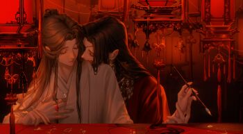 Rule 34 | 2boys, absurdres, beads, bishounen, black hair, bracelet, brown hair, butterfly ornament, calligraphy, calligraphy brush, calligraphy paper, chinese clothes, closed eyes, couple, curtained hair, dark background, darkness, earrings, eyelashes, facing viewer, hair bun, hair flowing over, hand on another's chest, hand on another's wrist, hand rest, hand up, hanfu, hanging lantern, highres, holding, holding brush, holding calligraphy brush, holding paintbrush, hua cheng, hug, hug from behind, indoors, jewelry, lantern, light smile, long eyelashes, long hair, long sidelocks, lotus ornament, male focus, multiple boys, necklace, nuzzle, o-ring, paintbrush, parted bangs, parted lips, puffy lips, red hanfu, red theme, ring, ring necklace, side-by-side, sidelocks, silver bracelet, silver earrings, silver necklace, simple background, single hair bun, sitting, straight hair, string, string around finger, string of fate, table, tassel, thick eyelashes, tianguan cifu, turning head, upper body, very long hair, warm colored, white hanfu, xie lian, yaoi, yaopei, yuumeenoo0222