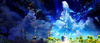 1girl blurry bubble cloud cumulonimbus_cloud dolphin field fish flower flower_field flying_fish hat highres horizon makoron117117 night night_sky ocean original outdoors railroad_crossing railroad_tracks road_sign scenery sign sky solo star_(sky) star_(symbol) starry_sky summer sunflower sunflower_field surreal train train_station water whale wide_shot yellow_flower