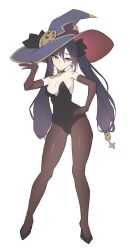 Rule 34 | 1girl, alternate costume, bare shoulders, black hair, black leotard, blush, detached sleeves, flat color, full body, genshin impact, hand on own hip, hat, leotard, long hair, mona (genshin impact), pantyhose, shoes, smile, twintails, witch hat, zutsuyaku