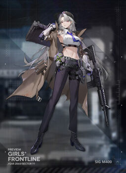 1girl assault_rifle baseball_cap black_pants black_shoes blue_necktie boots briefcase brown_coat character_name coat collared_shirt crop_top english_text girls&#039;_frontline grey_hair gun hat high_heel_boots high_heels holding holding_briefcase holding_gun holding_weapon lace-up_boots long_hair looking_at_viewer mechanical_arms midriff necktie official_art open_clothes open_coat pants red_eyes rifle scar scar_on_face shirt shoes sideless_shirt sig_m400 sig_m400_(girls&#039;_frontline) sleeveless sleeveless_shirt trigger_discipline weapon yoyo_(550098)