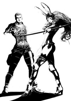 Rule 34 | 1boy, 1girl, aiming, aiming at viewer, animal ears, balflear, black leotard, blade43883059, bow (weapon), breasts, clawed feet, closed mouth, commentary request, drawing arrow, final fantasy, final fantasy xii, fran (ff12), full body, gun, helmet, high contrast, high heels, highres, holding, holding bow (weapon), holding gun, holding weapon, leotard, long hair, looking at viewer, medium breasts, rabbit ears, rabbit girl, short hair, sidelocks, veil, vest, viera, weapon, white background