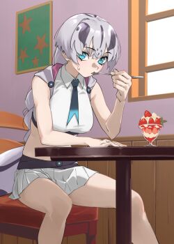 1girl aqua_eyes bare_arms bare_legs bare_shoulders belt black_belt black_hair blue_necktie braid breasts chair collared_shirt commentary crop_top eating food fruit grey_hair hair_between_eyes highres holding holding_spoon hood hood_down indoors kemono_friends large_breasts long_hair looking_at_viewer midriff miniskirt multicolored_hair necktie parfait pleated_skirt revision shirt sidelocks sitting skirt sleeveless snake_girl snake_print snake_tail solo spoon star_(symbol) strawberry strawberry_parfait sweatdrop tail tanabe_(fueisei) titanoboa_(kemono_friends) two-tone_hair utensil_in_mouth white_shirt white_skirt window