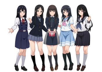 5girls akiyama_mio black_hair blue_eyes box brown_hair chitanda_eru color_connection commission crossover full_body gift gift_box grey_eyes hair_color_connection hibike!_euphonium higher_resolution_available highres hyouka incoming_gift inoue_takina k-on! kitashirakawa_tamako kousaka_reina long_hair looking_at_viewer lycoris_recoil lycoris_uniform miniskirt multiple_girls neck_ribbon neckerchief paid_reward_available pleated_skirt purple_eyes ribbon sailor_collar school_uniform serafuku simple_background skirt smile standing straight_hair tamako_market thighs transparent_background valentine vodka13