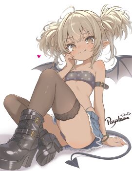 Rule 34 | 1girl, absurdres, ahoge, arm belt, armpit crease, bandeau, bare shoulders, belt, black bandeau, black belt, black boots, black tail, black thighhighs, black wings, blue skirt, boots, bracelet, brown eyes, brown hair, closed mouth, commentary request, dark-skinned female, dark skin, demon girl, demon tail, demon wings, flat chest, full body, hand on own cheek, hand on own face, highres, jewelry, looking at viewer, medium hair, original, panty straps, po yo ta ma, pointy ears, sitting, skirt, smile, solo, tail, thighhighs, twintails, wings