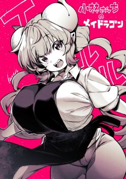 1girl apron breasts character_name collared_shirt commentary_request copyright_name cowboy_shot curled_horns dragon_girl dragon_horns greyscale_with_colored_background highres horns huge_breasts ilulu_(maidragon) kobayashi-san_chi_no_maidragon long_hair looking_at_viewer low_twintails open_mouth pants pink_background pointy_ears sharp_teeth shirt short_sleeves signature slit_pupils smile solo standing takatsuki_ichi teeth text_background twintails very_long_hair