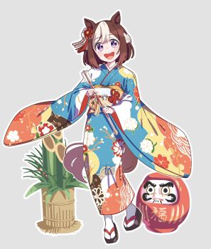 1girl alternate_costume animal_ears arrow_(projectile) bamboo blue_kimono blush braid brown_hair commentary_request daruma_doll ear_flower floral_print floral_print_kimono flower hair_flower hair_ornament hamaya happy_new_year highres holding holding_arrow horse_ears horse_girl horse_tail japanese_clothes kimono long_hair long_sleeves multicolored_hair new_year obi open_mouth print_kimono purple_eyes sandals sash short_hair simple_background smile socks special_week_(umamusume) tail teeth textless_version tpicm two-tone_hair umamusume upper_teeth_only white_hair white_socks