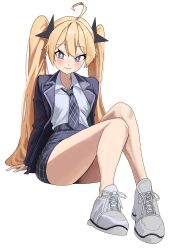 Rule 34 | 1girl, absurdres, ahoge, blazer, blonde hair, blue eyes, blue jacket, blue skirt, blush, clear (djmax), djmax, djmax respect, highres, jacket, long hair, looking at viewer, necktie, open clothes, open jacket, shirt, shoes, sitting, skirt, smile, sneakers, solo, syc2159, twintails, very long hair, white shirt, white sneakers