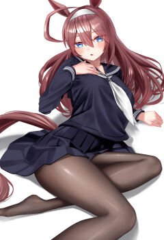1girl absurdres ahoge alternate_costume animal_ears black_pantyhose black_serafuku black_shirt black_skirt blue_eyes blush breasts brown_hair commentary_request ear_ornament feet hair_between_eyes hair_ornament hairclip hand_on_own_chest highres horse_ears horse_girl horse_tail huge_ahoge large_breasts long_hair looking_at_viewer menchi_rishio mihono_bourbon_(umamusume) neckerchief no_shoes on_ground open_mouth pantyhose pleated_skirt school_uniform serafuku shirt silver_hairband simple_background sitting skirt solo tail umamusume white_background white_neckerchief yokozuwari