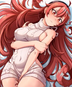 1girl ahoge arm_under_breasts armpit_crease bare_arms between_legs black_hairband blush breasts closed_mouth commentary corrupted_twitter_file covered_navel cowboy_shot dilan_griz double-parted_bangs dress english_commentary eris_greyrat hair_between_eyes hairband hand_between_legs hand_on_own_arm highres large_breasts long_hair looking_at_viewer mushoku_tensei naked_sweater red_eyes red_hair ribbed_sweater simple_background sleeveless sleeveless_sweater sleeveless_turtleneck solo sweater sweater_dress turtleneck turtleneck_sweater very_long_hair virgin_killer_sweater white_background white_sweater