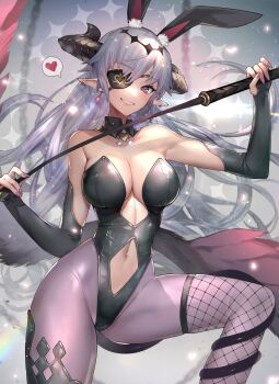 1girl animal_ear_fluff animal_ears asymmetrical_legwear bare_shoulders breasts cleavage clothing_cutout demon_horns detached_collar earrings eyepatch fingerless_gloves fishnet_thighhighs fishnets gloves grey_hair heart highleg highleg_leotard highres hitowa holding holding_whip horns jewelry large_breasts leg_up leotard long_hair nail_polish navel navel_cutout original pantyhose parted_lips pink_nails plunging_neckline pointy_ears purple_eyes rabbit_ears smile solo spoken_heart strapless strapless_leotard switch thighhighs thighs very_long_hair