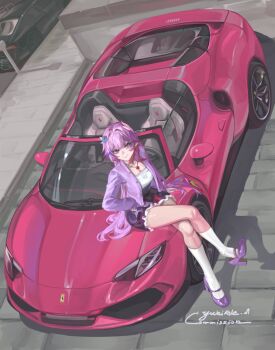 1girl absurdres car closed_mouth commentary commission cross cyrene_(demiurge)_(honkai:_star_rail) cyrene_(honkai:_star_rail) english_commentary ferrari flower greek_cross hair_flower hair_ornament high_heels highres honkai:_star_rail honkai_(series) jacket jewelry kneehighs long_hair looking_up mary_janes motor_vehicle necklace on_car outdoors pink_car pink_jacket pink_pupils purple_shoes shadow shoe_dangle shoes signature sitting sitting_on_object socks sports_car white_socks yukiale