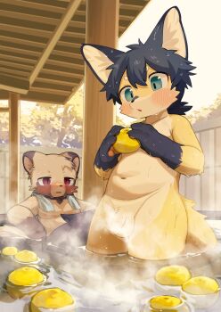 2boys :o absurdres animal_ears black_hair blue_eyes brown_fur convenient_censoring food fox_ears fruit furry highres holding holding_food holding_fruit kurom960 looking_at_another male_focus multiple_boys onsen orange_(fruit) original outdoors penis raccoon_ears red_eyes shota sitting standing steam sweat testicles towel towel_around_neck water_drop yellow_fur
