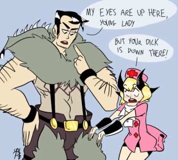 belt_buckle beowulf_(skullgirls) buckle freckles hat horns magnagallina nurse nurse_cap patty_(skullgirls) skullgirls speech_bubble suspenders vambraces wrestling_outfit