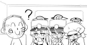 Rule 34 | > <, 1boy, 3girls, ?, after kiss, aoba (blue archive), blue archive, blush, bow, bowtie, chibi, chibi only, chinese commentary, closed mouth, commentary request, covering own mouth, doodle sensei (blue archive), embarrassed, full-face blush, greyscale, halo, hat, highres, hikari (blue archive), index fingers together, jacket, lipstick mark, long hair, long sleeves, meng yin, monochrome, multiple girls, nose blush, nozomi (blue archive), open mouth, peaked cap, pointy ears, rectangular mouth, sensei (blue archive), siblings, sisters, twins