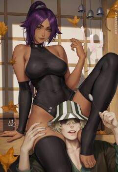 1boy 1girl artist_name black_leotard black_thighhighs bleach bleach:_sennen_kessen-hen blonde_hair breasts closed_mouth commentary covered_navel english_commentary feet hat head_between_thighs high_ponytail highres large_breasts leaf leotard lips maple_leaf ponytail purple_hair sciamano240 shihouin_yoruichi sitting thighhighs thighs urahara_kisuke yellow_eyes
