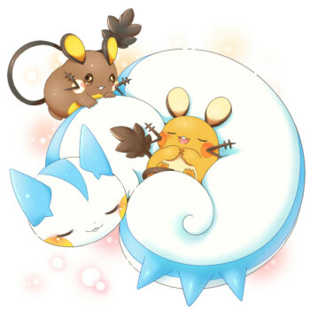 aimi_(aimia492) alternate_color animal animal_focus blush brown_eyes closed_eyes dedenne gen_4_pokemon gen_6_pokemon mouse nintendo no_humans pachirisu pokemon pokemon_(creature) shiny_pokemon sleeping smile spikes squirrel whiskers