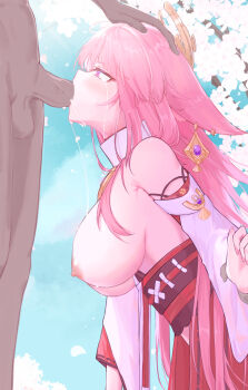 1girl 2boys animal_ears bare_shoulders breasts crying crying_with_eyes_open cum cumdrip detached_sleeves dress earrings exdust fellatio fox_ears fox_girl genshin_impact hand_on_another's_head highres irrumatio jewelry large_breasts long_hair multiple_boys oral penis pink_hair purple_eyes rape tears white_dress yae_miko